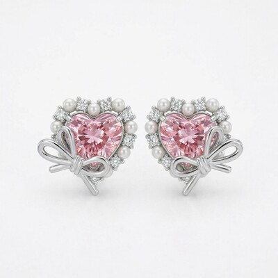 2.9Ct CTW Pink Heart Cut with Bowtie Pearl S925 Silver Earrings
