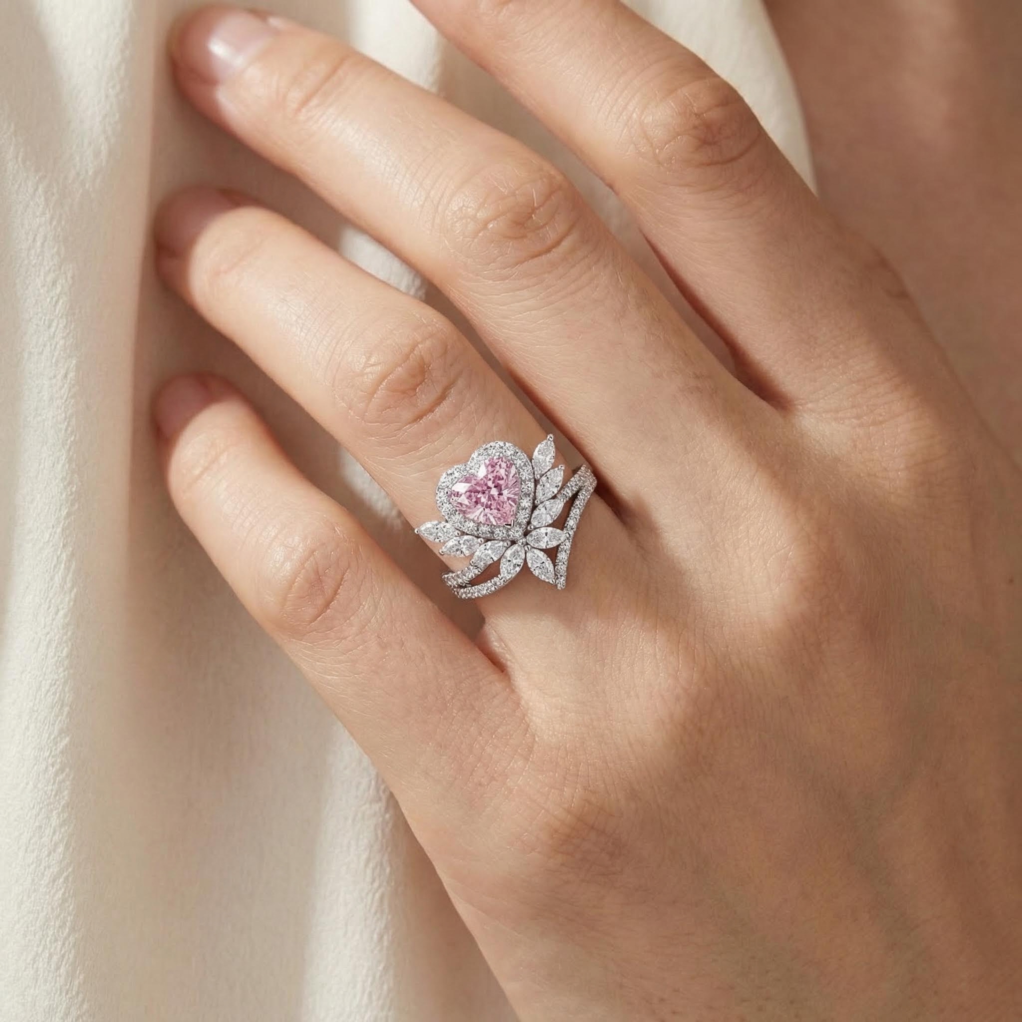 3.2Ct Floral Pink Heart Cut Halo S925 Silver Engagement Ring 3.2Ct Floral Pink Heart Cut Halo S925 Silver Engagement Ring