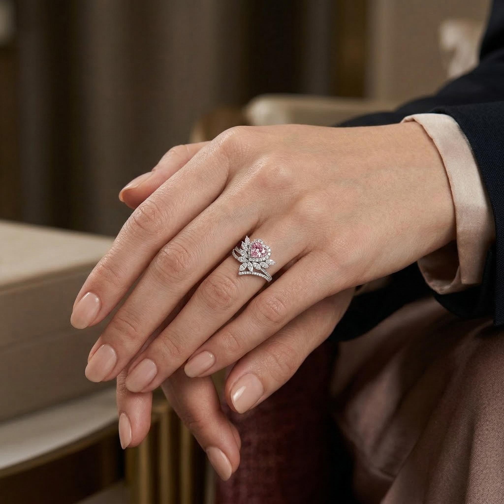 3.2Ct Floral Pink Heart Cut Halo S925 Silver Engagement Ring 3.2Ct Floral Pink Heart Cut Halo S925 Silver Engagement Ring