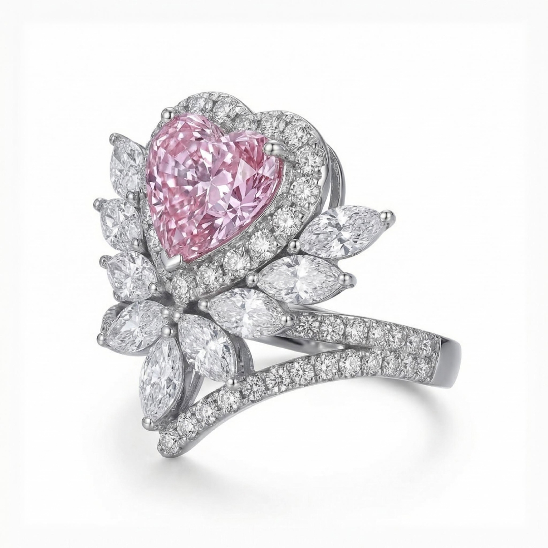 3.2ct. tw. Floral Pink Heart Cut Halo S925 Silver Engagement Ring