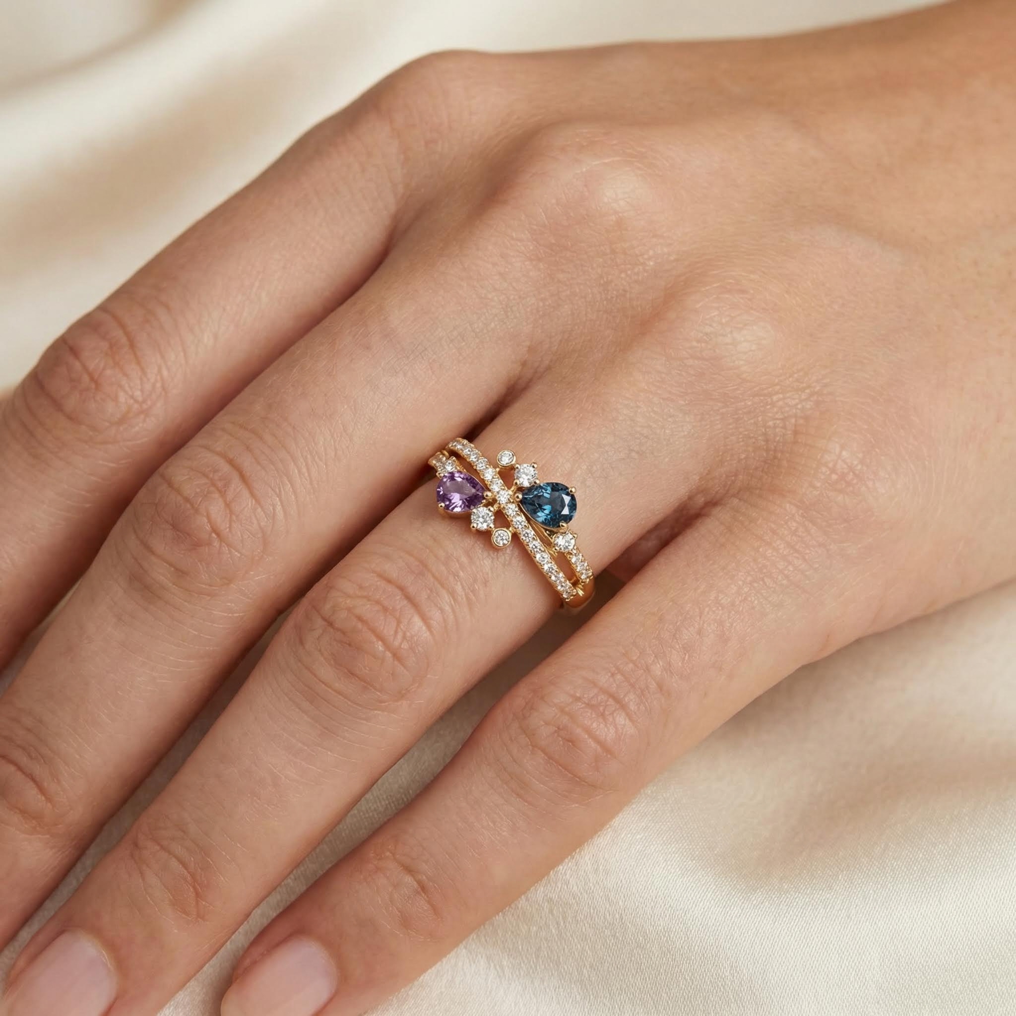 Two-Stone Dark Blue & Purple Pear Cut S925 Silver Engagement Ring Two-Stone Dark Blue & Purple Pear Cut S925 Silver Engagement Ring