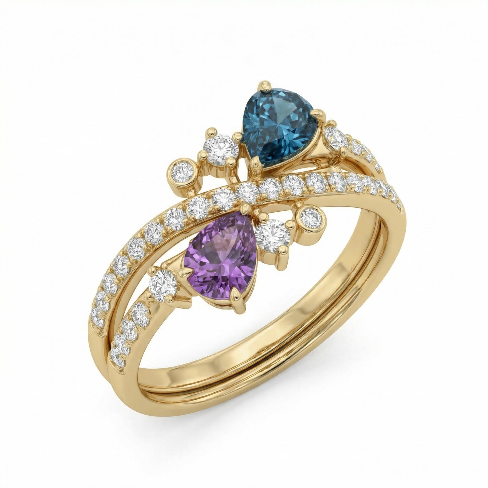 Two-Stone Dark Blue & Purple Pear Cut S925 Silver Engagement Ring Two-Stone Dark Blue & Purple Pear Cut S925 Silver Engagement Ring