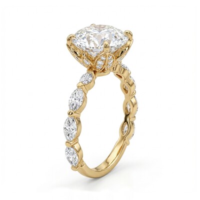 3.55ct CTW Sparkling Round wiht Marquise Cut VVS Moissanite S925 Silver Engagement Ring