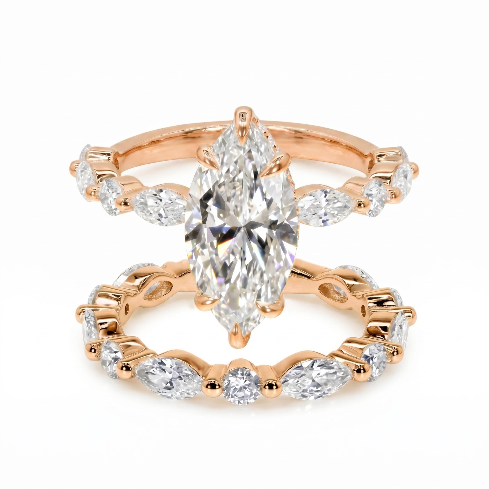 4.53 ct.tw. Marquise Cut Hidden Halo Bridal Ring Set - 2Pcs