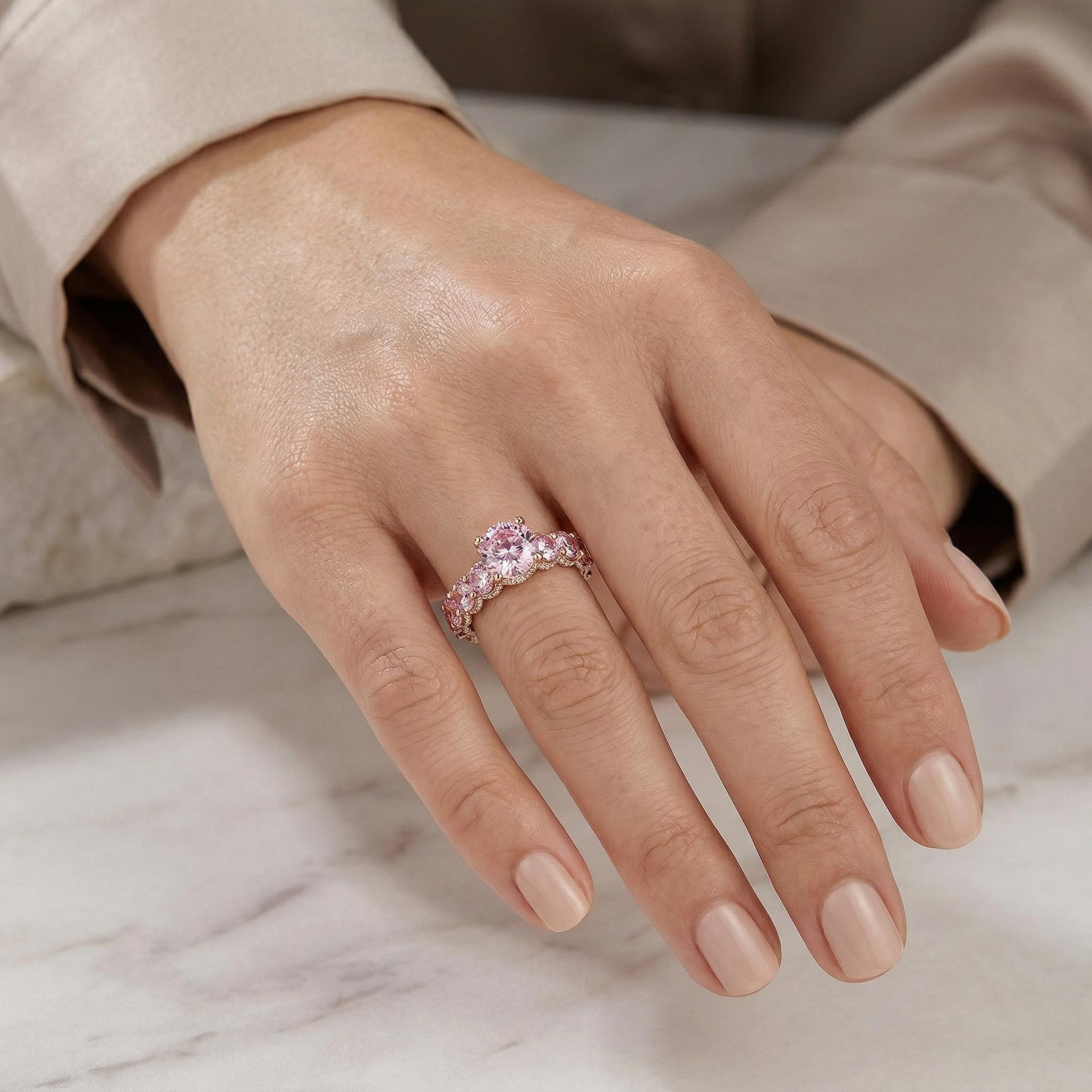 14.5ct CTW Micro Paved Diamonds 6-claw Pink Round Cut S925 Silver Engagement Ring