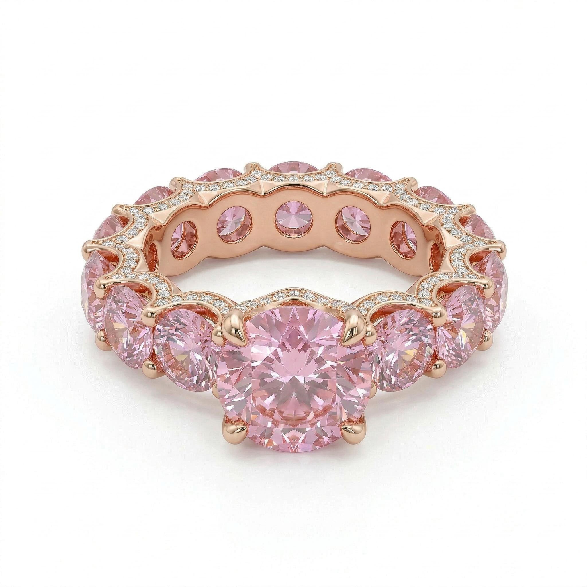 10.64 ct.tw. Micro Paved Diamonds 6-claw Pink Round Cut S925 Silver Engagement Ring