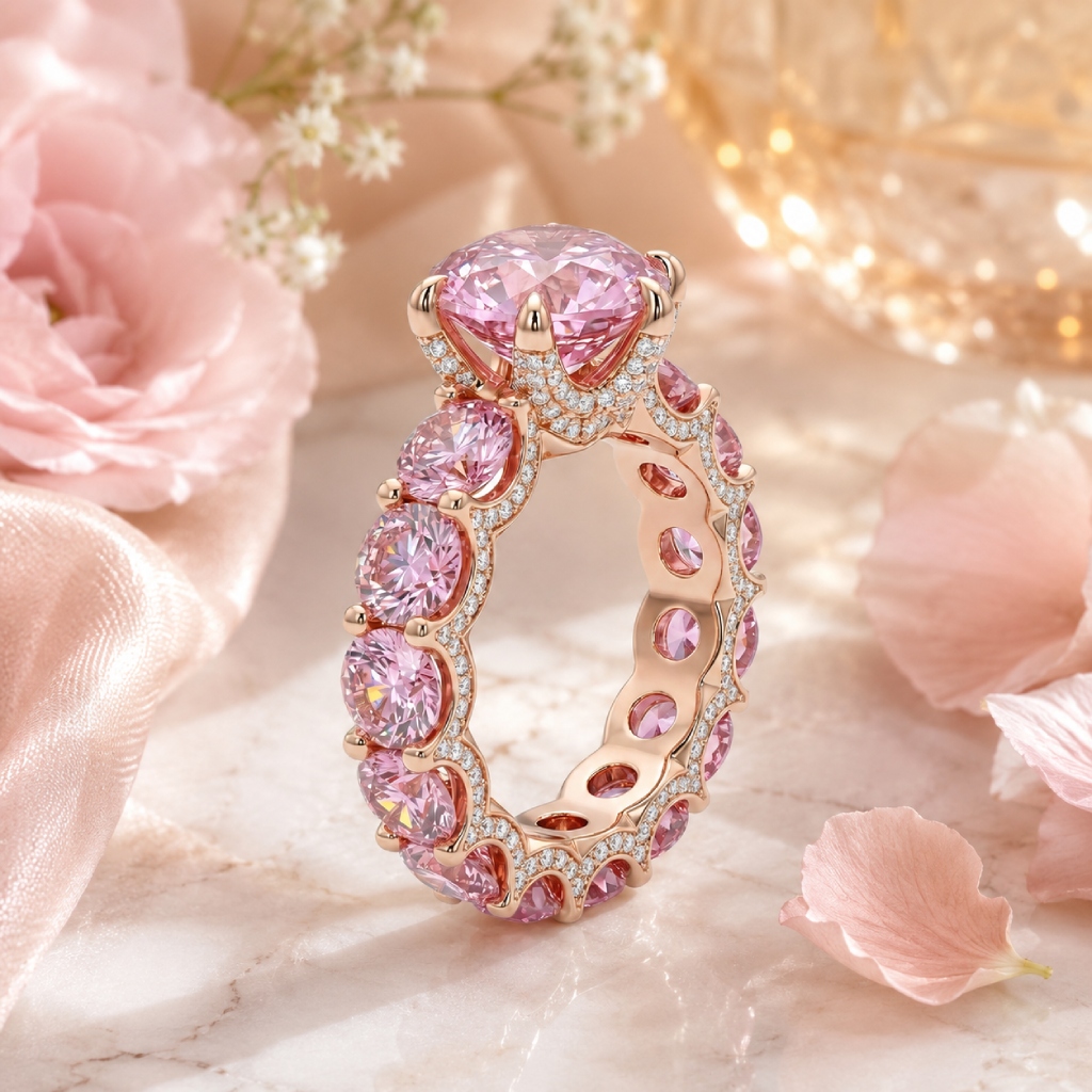 10.64 ct.tw. Micro Paved Diamonds 6-claw Pink Round Cut S925 Silver Engagement Ring 10.64 ct.tw. Micro Paved Diamonds 6-claw Pink Round Cut S925 Silver Engagement Ring
