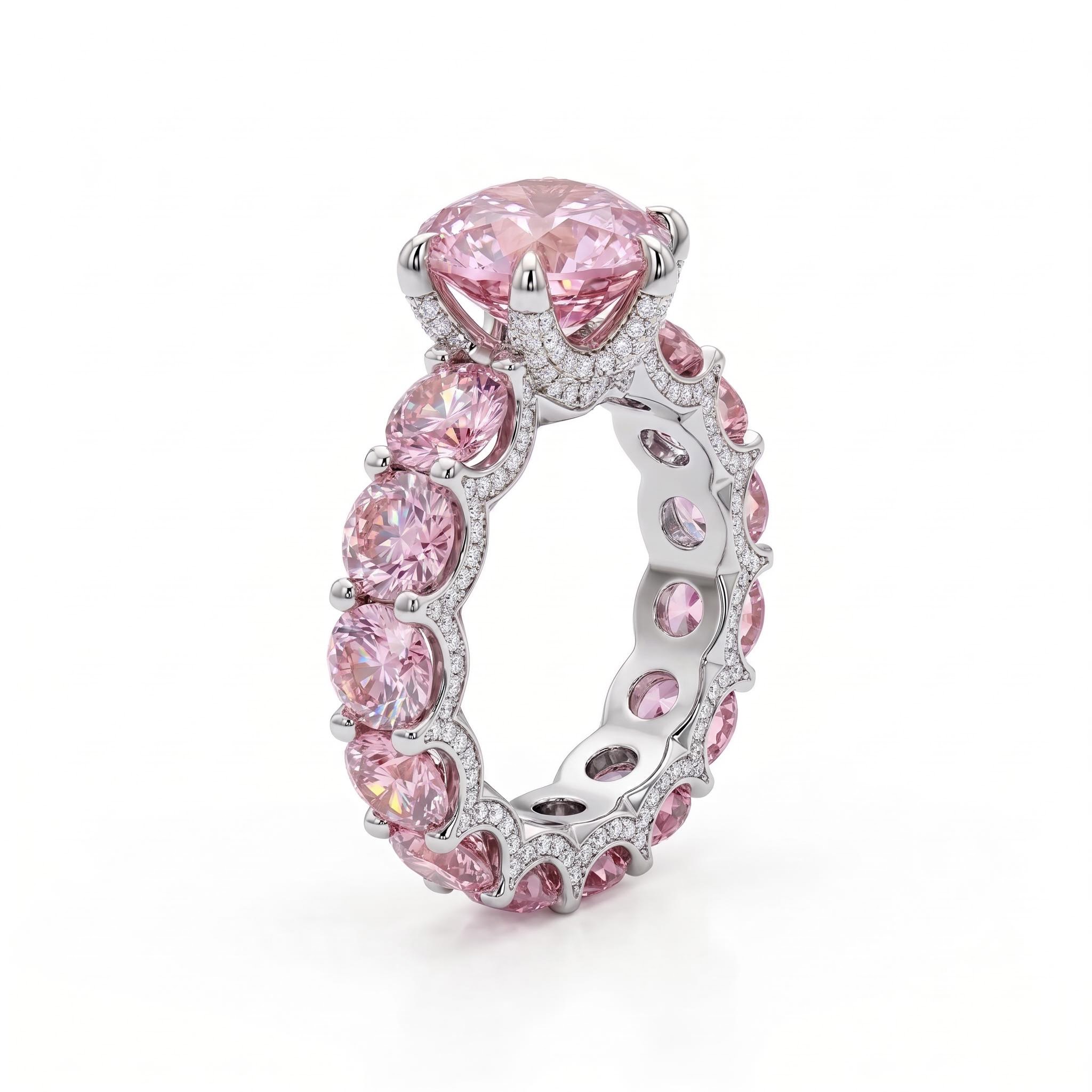 10.64 ct.tw. Micro Paved Diamonds 6-claw Pink Round Cut S925 Silver Engagement Ring 10.64 ct.tw. Micro Paved Diamonds 6-claw Pink Round Cut S925 Silver Engagement Ring
