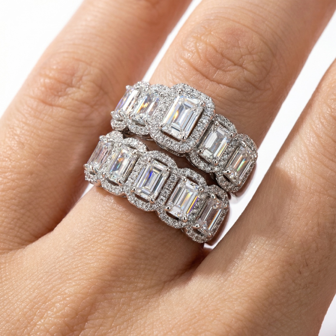 7.95ct CTW Halo & Eternity Stackable Emerald Cut S925 Silver Bridal Sets