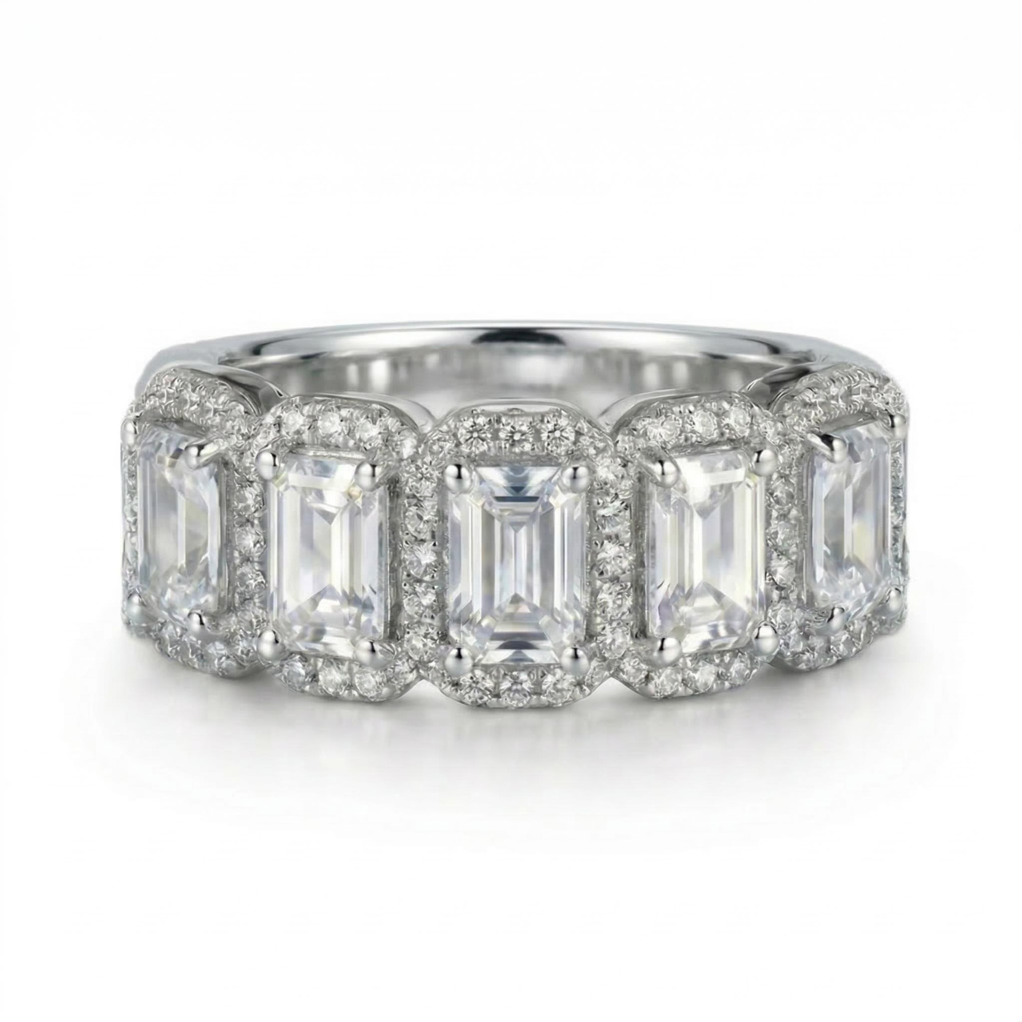 7.95ct CTW Halo & Eternity Stackable Emerald Cut S925 Silver Bridal Sets