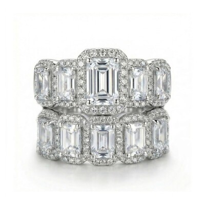 7.95ct CTW Halo & Eternity Stackable Emerald Cut S925 Silver Bridal Sets