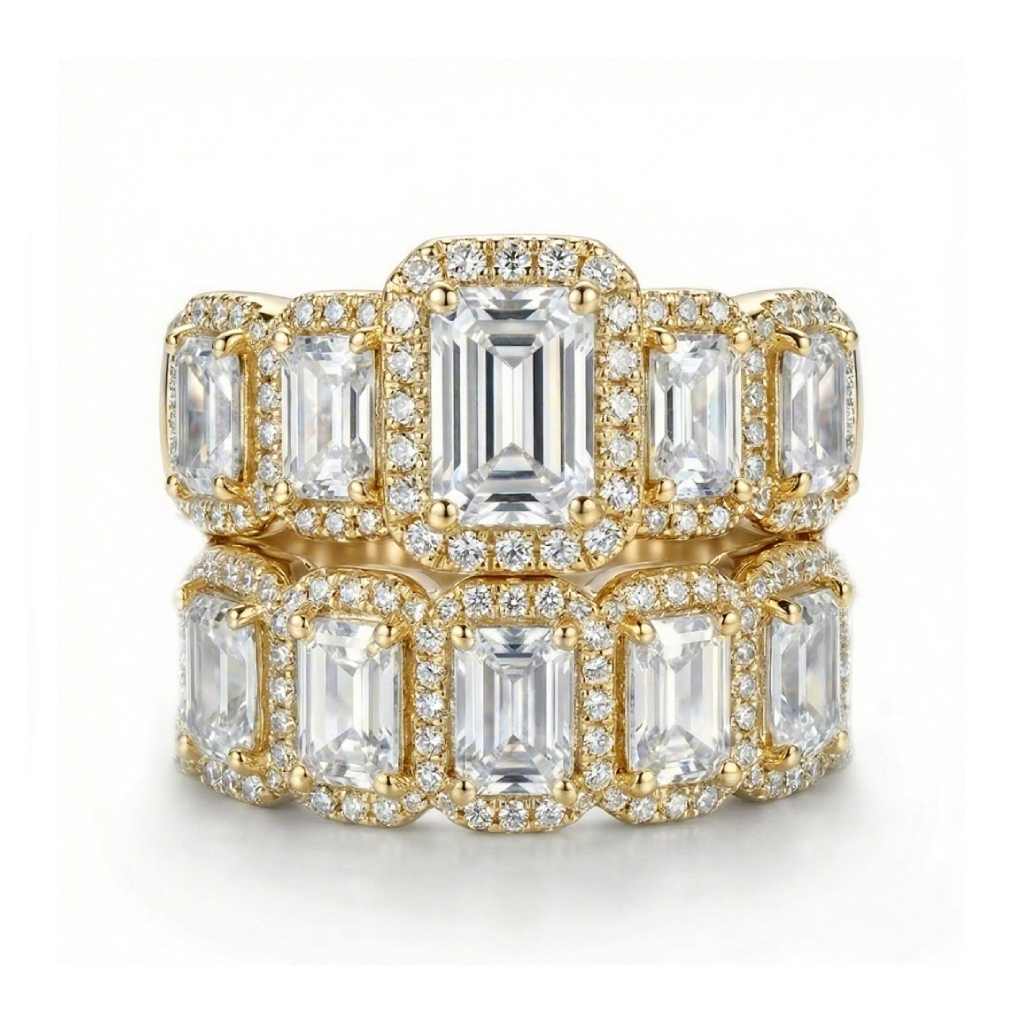 7.95ct CTW Halo & Eternity Stackable Emerald Cut S925 Silver Bridal Sets