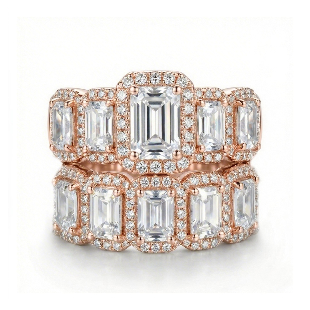 7.95ct CTW Halo & Eternity Stackable Emerald Cut S925 Silver Bridal Sets