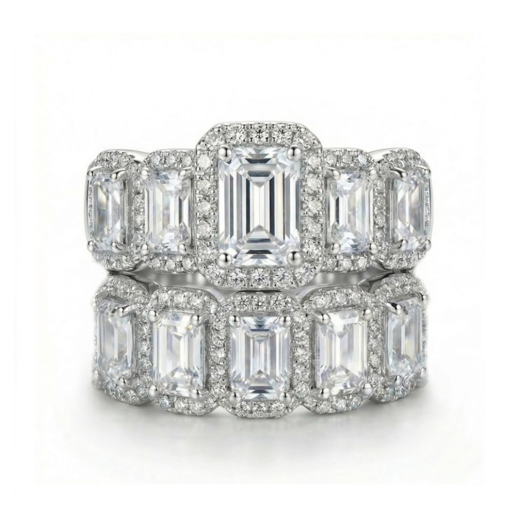 7.94 ct.tw. Halo & Eternity Stackable Emerald Cut S925 Silver Bridal Sets