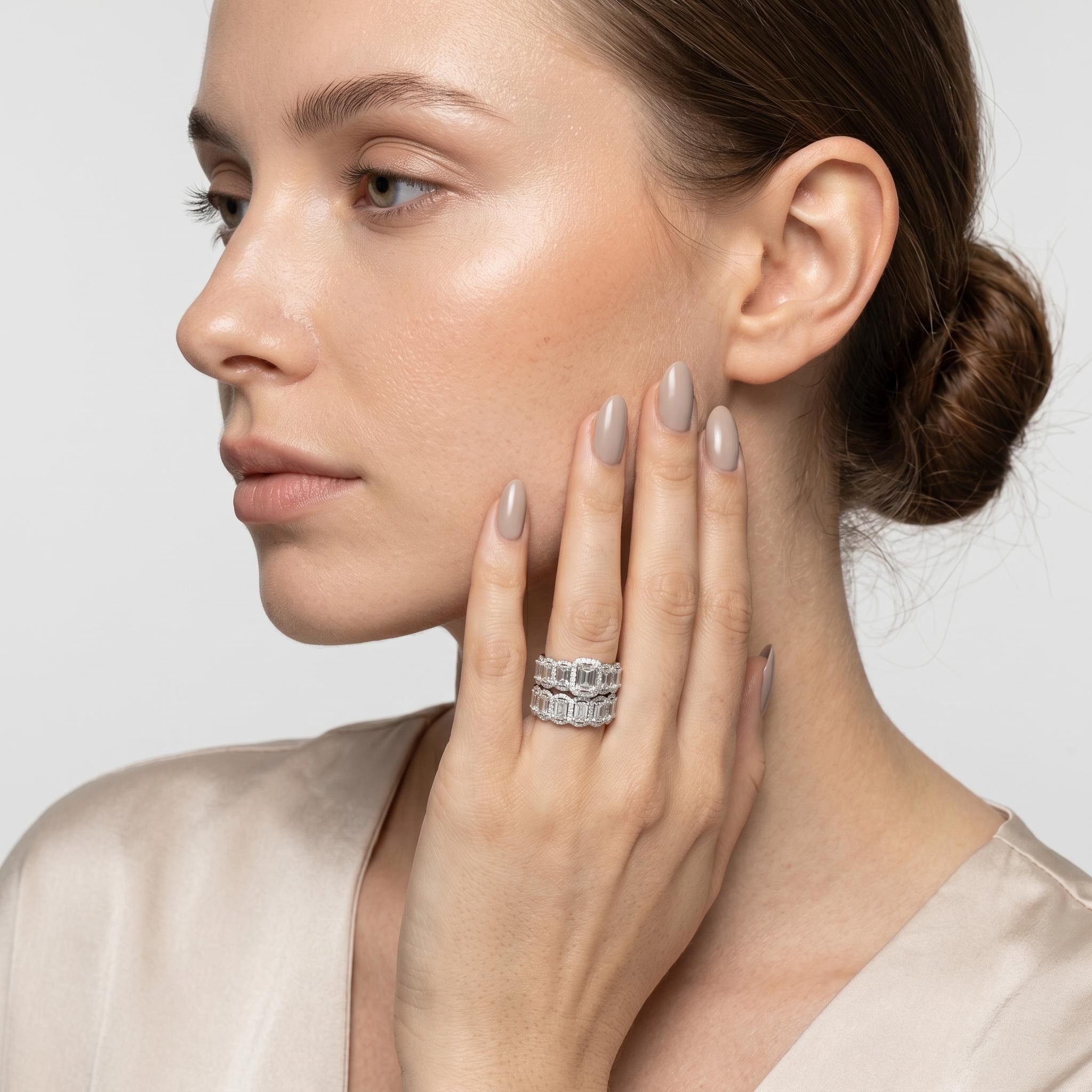 7.94 ct.tw. Halo & Eternity Stackable Emerald Cut S925 Silver Bridal Sets - 2Pcs 7.94 ct.tw. Halo & Eternity Stackable Emerald Cut S925 Silver Bridal Sets - 2Pcs