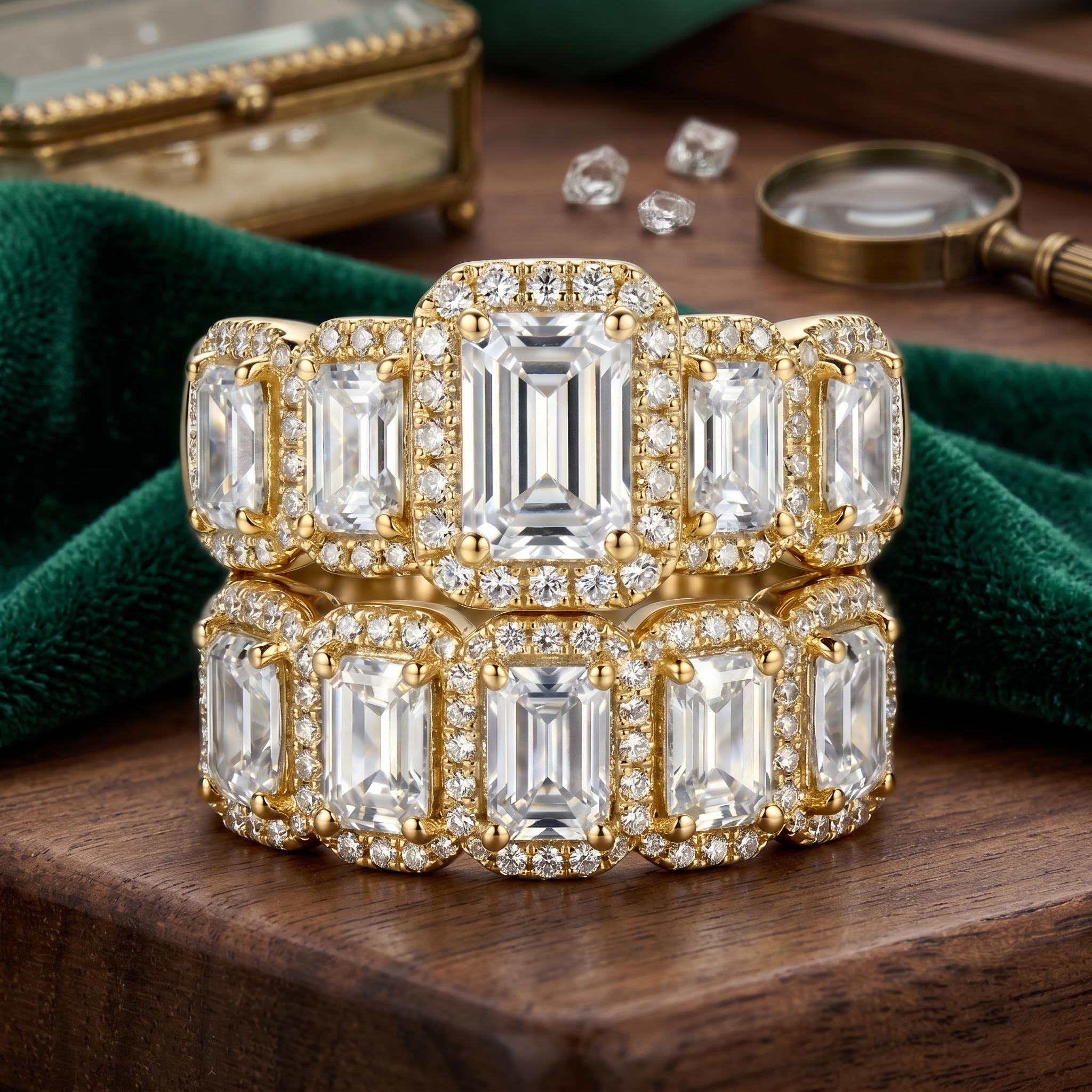 7.94 ct.tw. Halo & Eternity Stackable Emerald Cut S925 Silver Bridal Sets - 2Pcs 7.94 ct.tw. Halo & Eternity Stackable Emerald Cut S925 Silver Bridal Sets - 2Pcs