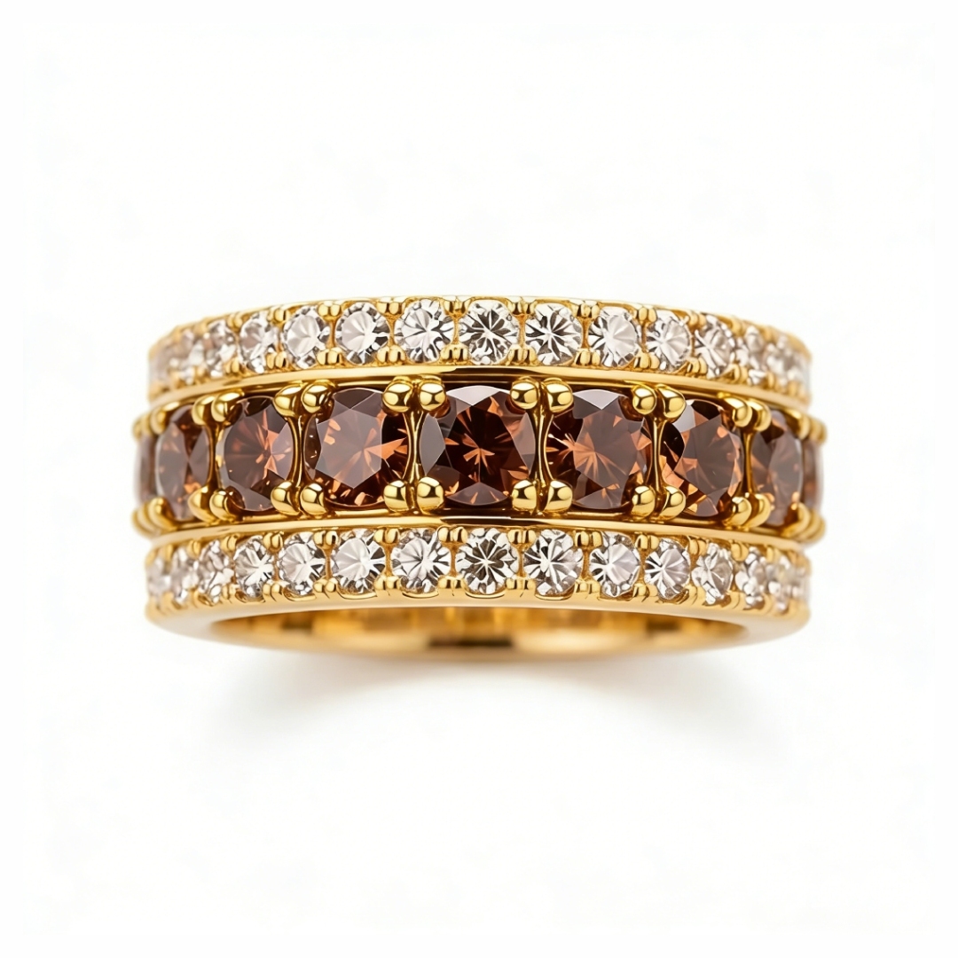 Three-Row Coffee Color Round Cut S925 Silver Wedding Ring