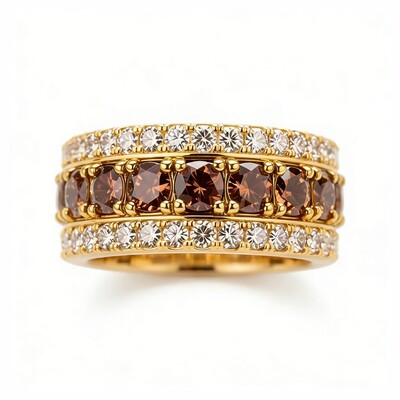 Three-Row Coffee Color Round Cut S925 Silver Wedding Ring