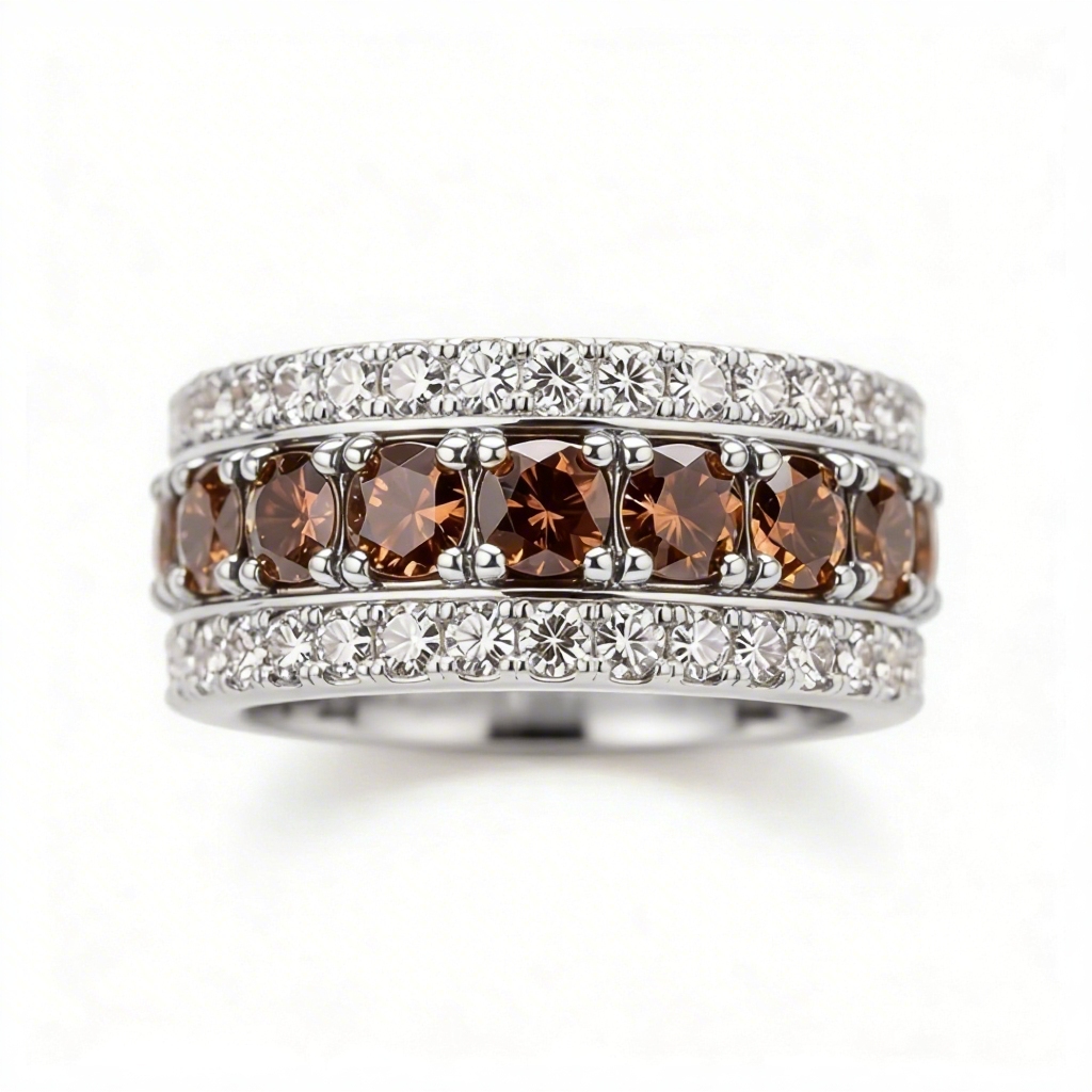 Three-Row Coffee Color Round Cut S925 Silver Wedding Ring