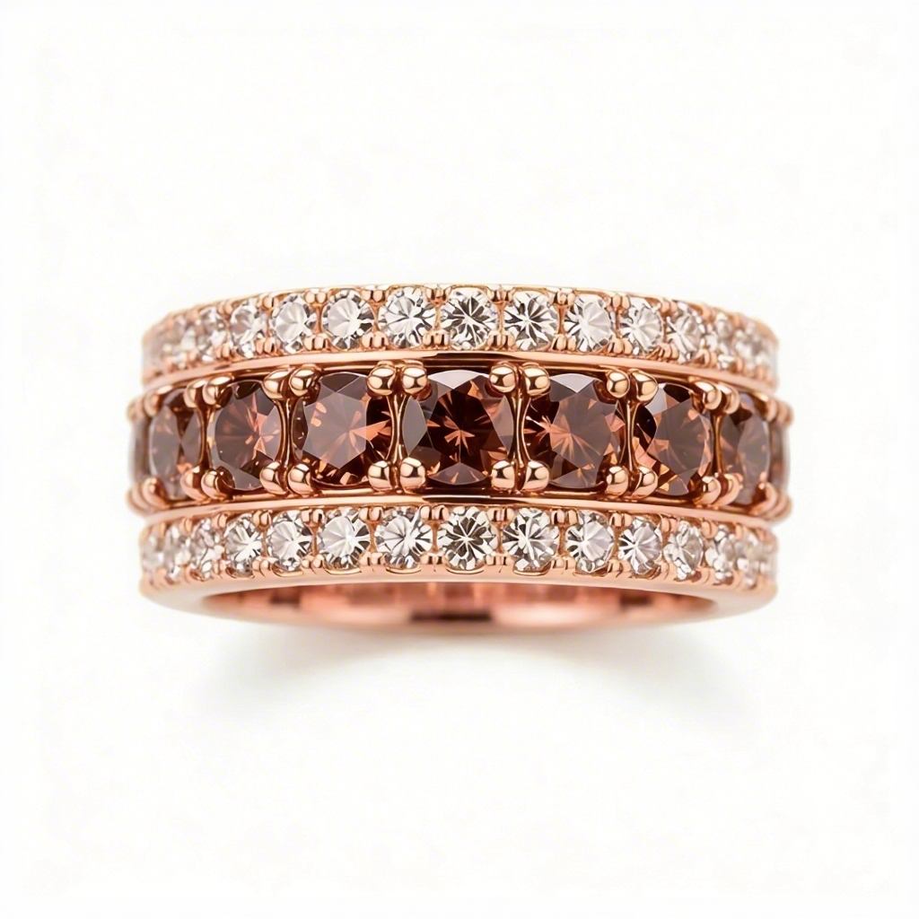 Three-Row Coffee Color Round Cut S925 Silver Wedding Ring