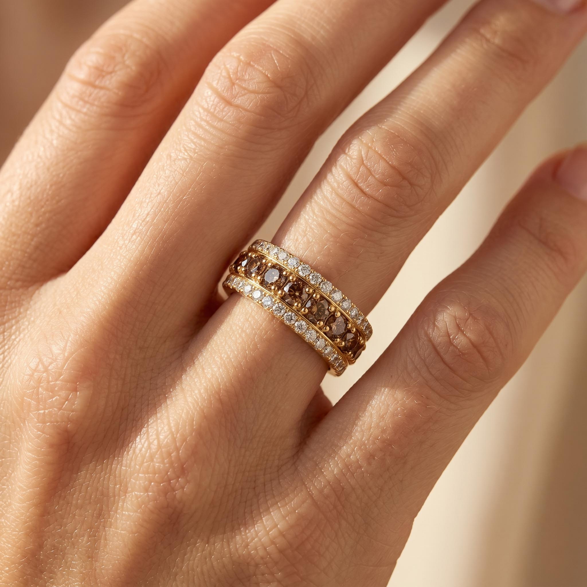 5.06 ct.tw. Three-Row Coffee Color Round Cut S925 Silver Wedding Ring