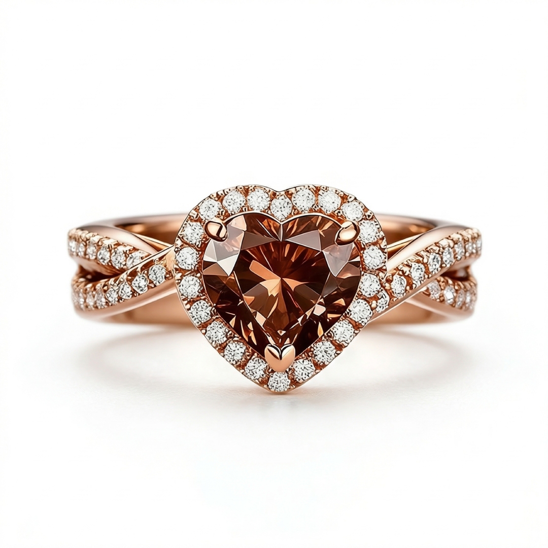 2.2ct CTW Twist Halo Coffee Brown Heart Cut S925 Silver Engagement Ring
