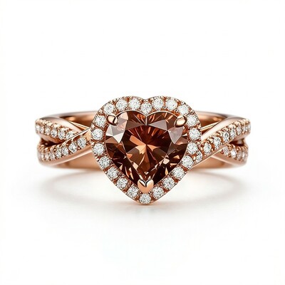 2.2ct CTW Twist Halo Coffee Brown Heart Cut S925 Silver Engagement Ring