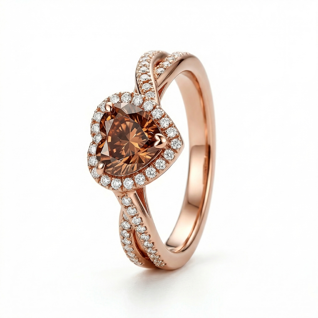 2.2ct CTW Twist Halo Coffee Brown Heart Cut S925 Silver Engagement Ring