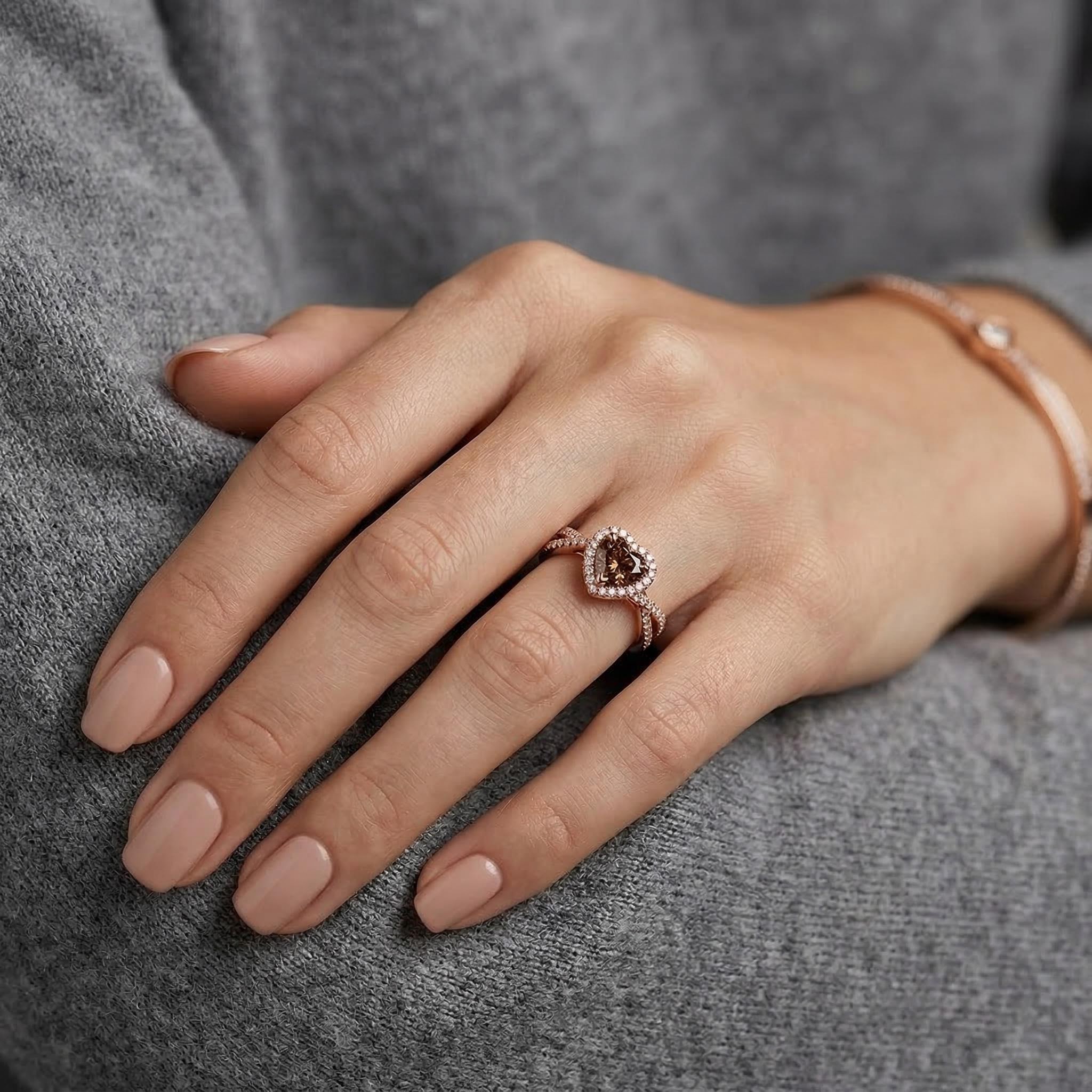 2.2ct CTW Twist Halo Coffee Brown Heart Cut S925 Silver Engagement Ring