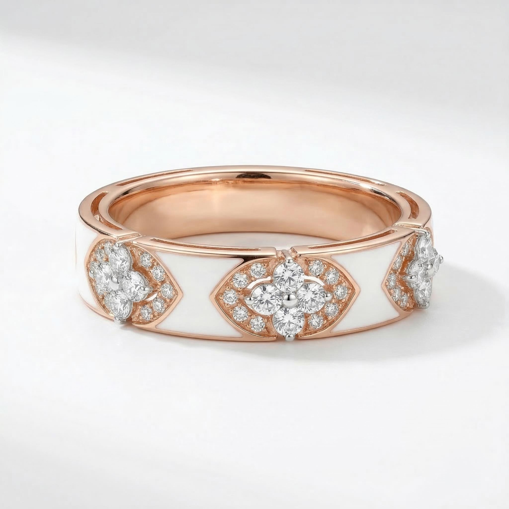 Clover Round Cut with White Enamel Women's Band