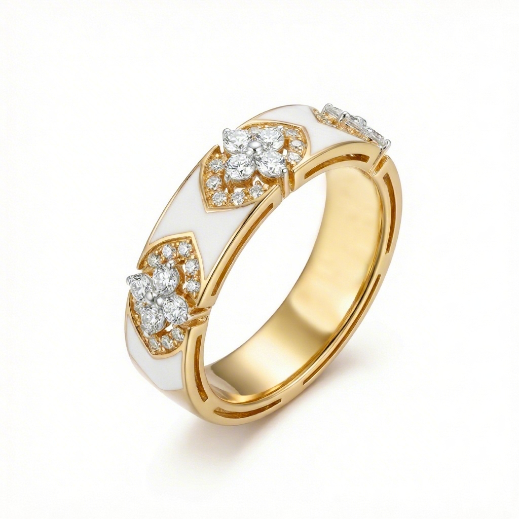 Clover Round Cut with White Enamel Women's Band