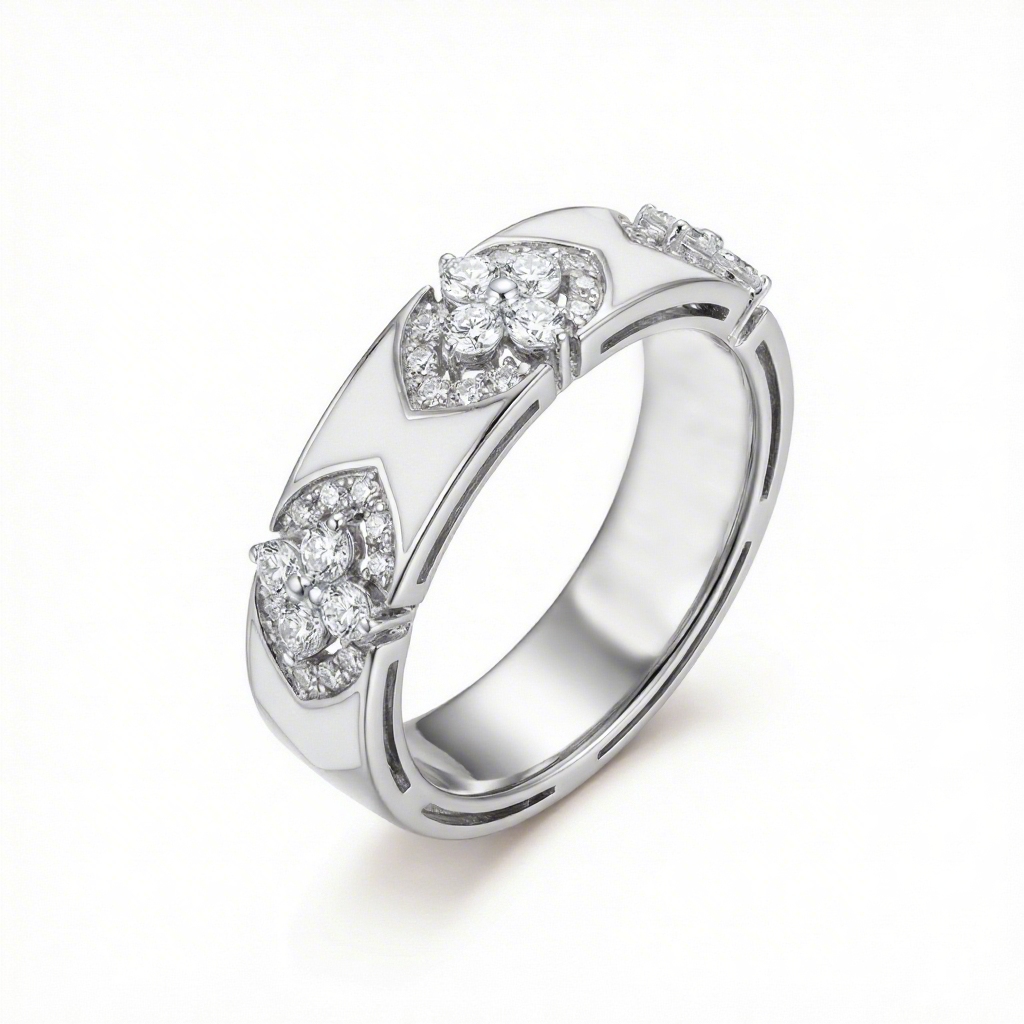 Clover Round Cut with White Enamel Women's Band