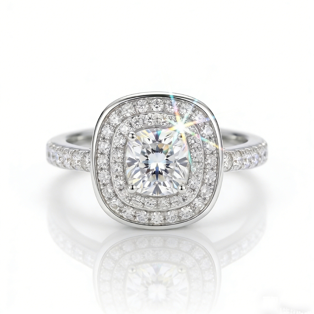 1.85ct CTW Double Halo Cushion Cut VVS Moissanite S925 Silver Engagement Ring