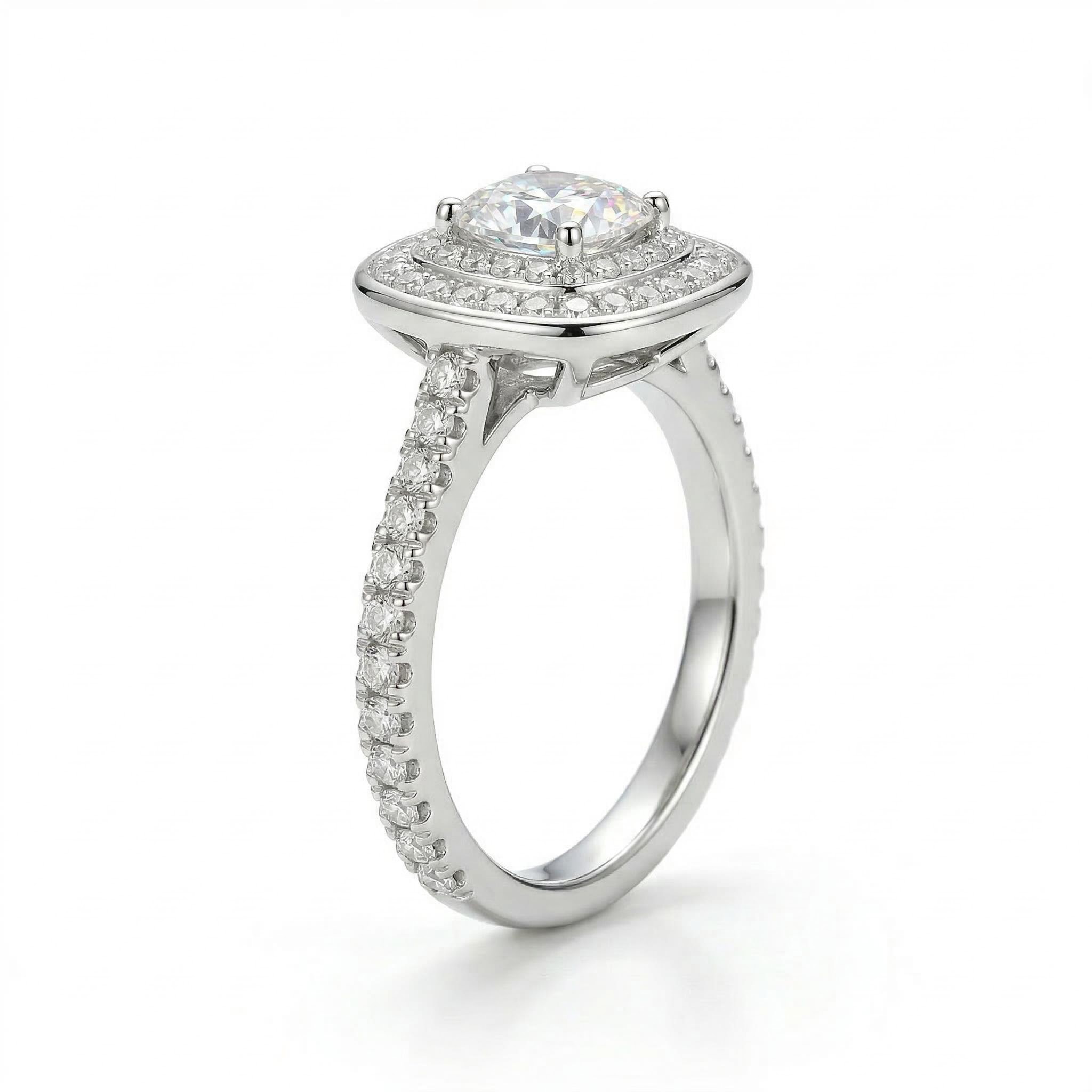 1.85ct CTW Double Halo Cushion Cut VVS Moissanite S925 Silver Engagement Ring