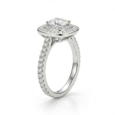 1.85ct CTW Double Halo Cushion Cut VVS Moissanite S925 Silver Engagement Ring