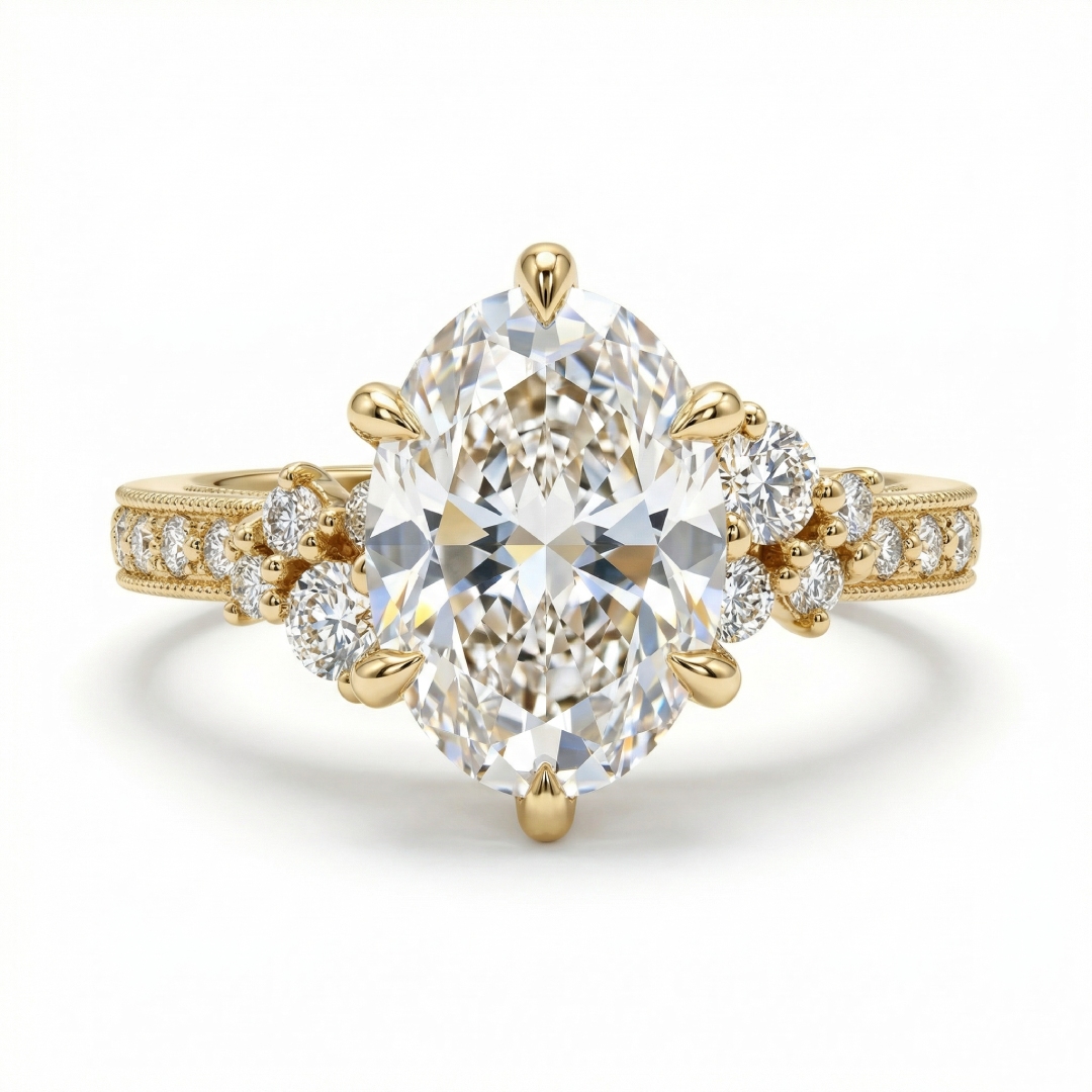 3.7ct CTW Cluster Oval Cut Vintage Pattern VVS Moissanite S925 Silver Engagement Ring