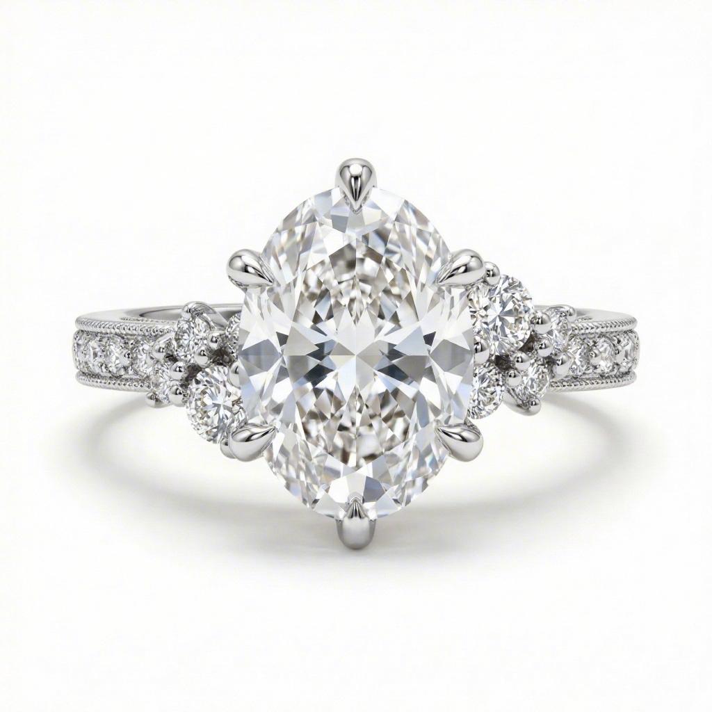 3.7ct CTW Cluster Oval Cut Vintage Pattern VVS Moissanite S925 Silver Engagement Ring