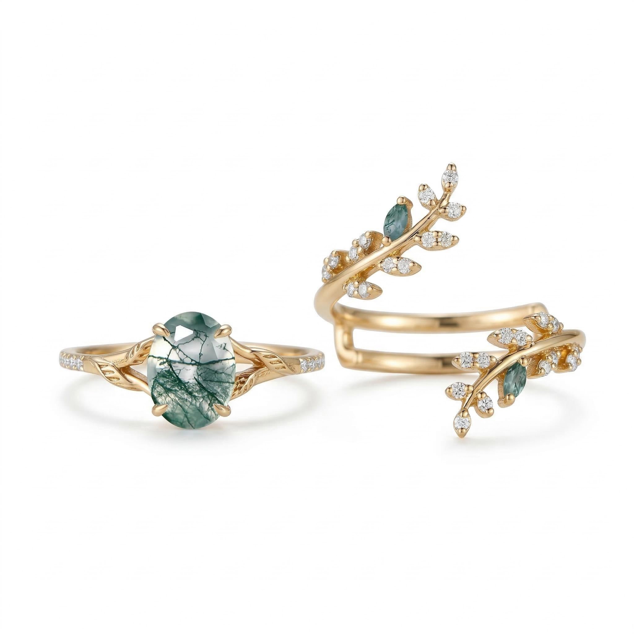 Nature-inspired Moss Agate Oval Cut S925 Silver Wedding Set