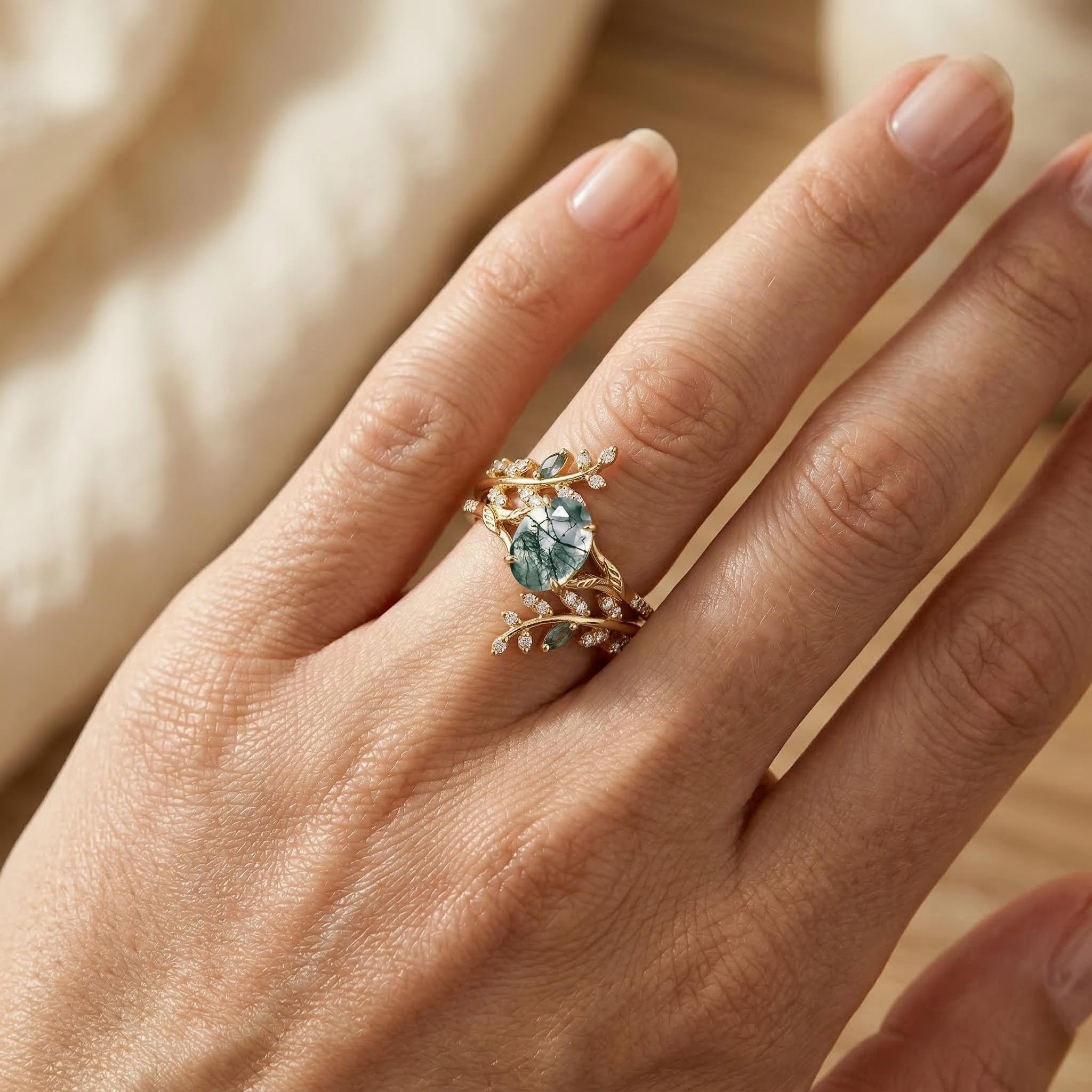 Nature-inspired Moss Agate Oval Cut S925 Silver Wedding Set