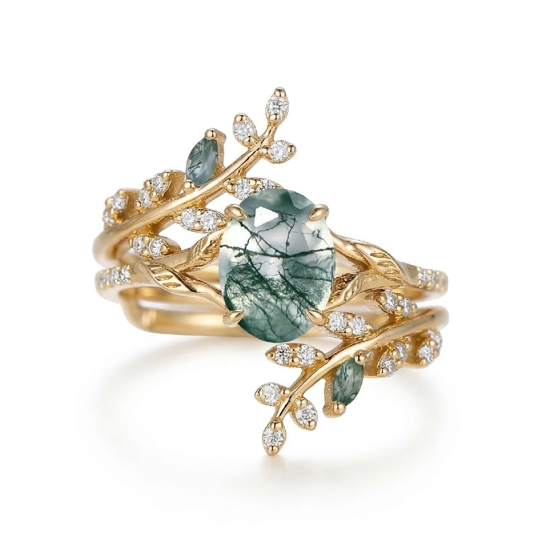 Nature-inspired Moss Agate Oval Cut S925 Silver Wedding Set