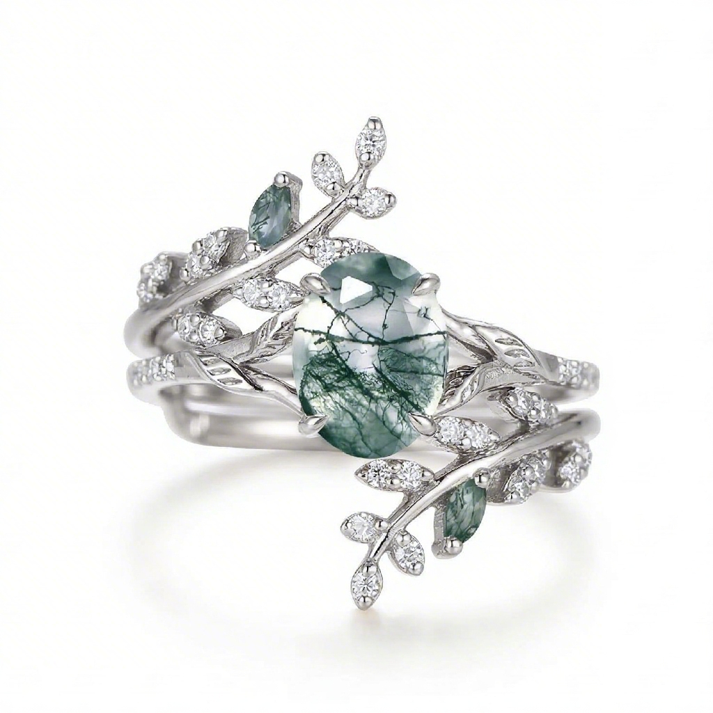 Nature-inspired Moss Agate Oval Cut S925 Silver Wedding Set
