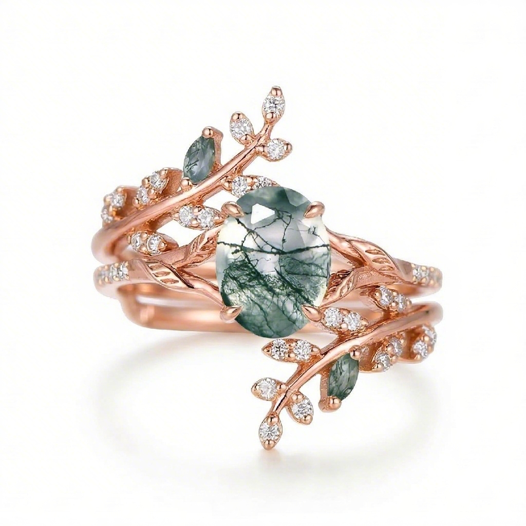 Nature-inspired Moss Agate Oval Cut S925 Silver Wedding Set
