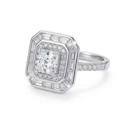 4.8ct CTW Double Halo Princess Cut S925 Silver Engagement Ring