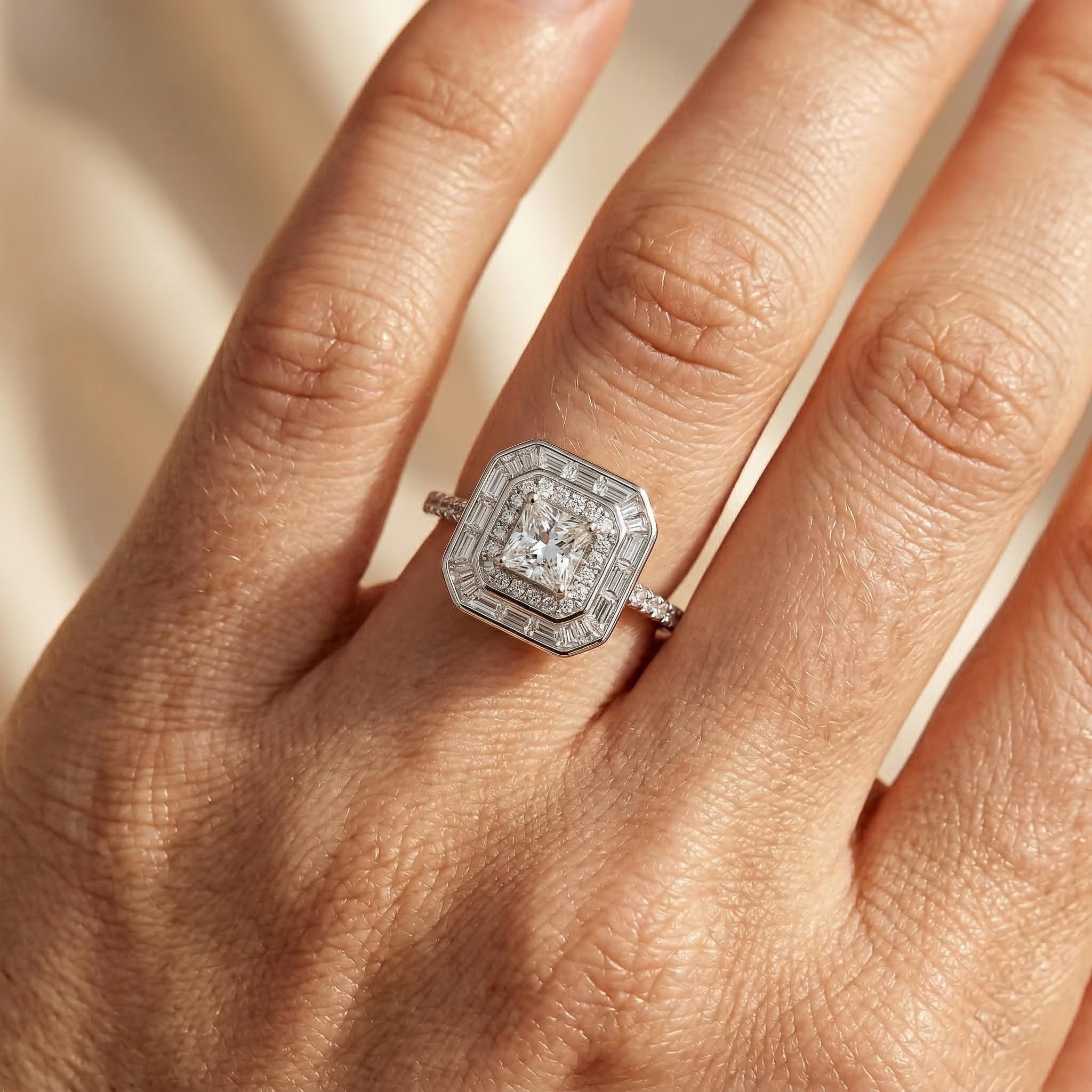 4.8ct CTW Double Halo Princess Cut S925 Silver Engagement Ring