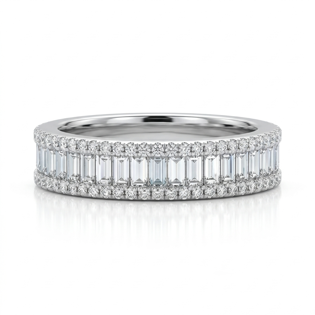 Stackable Two-Piece Baguette&Round Cut VVS Moissanite S925 Silver Bridal Ring Set