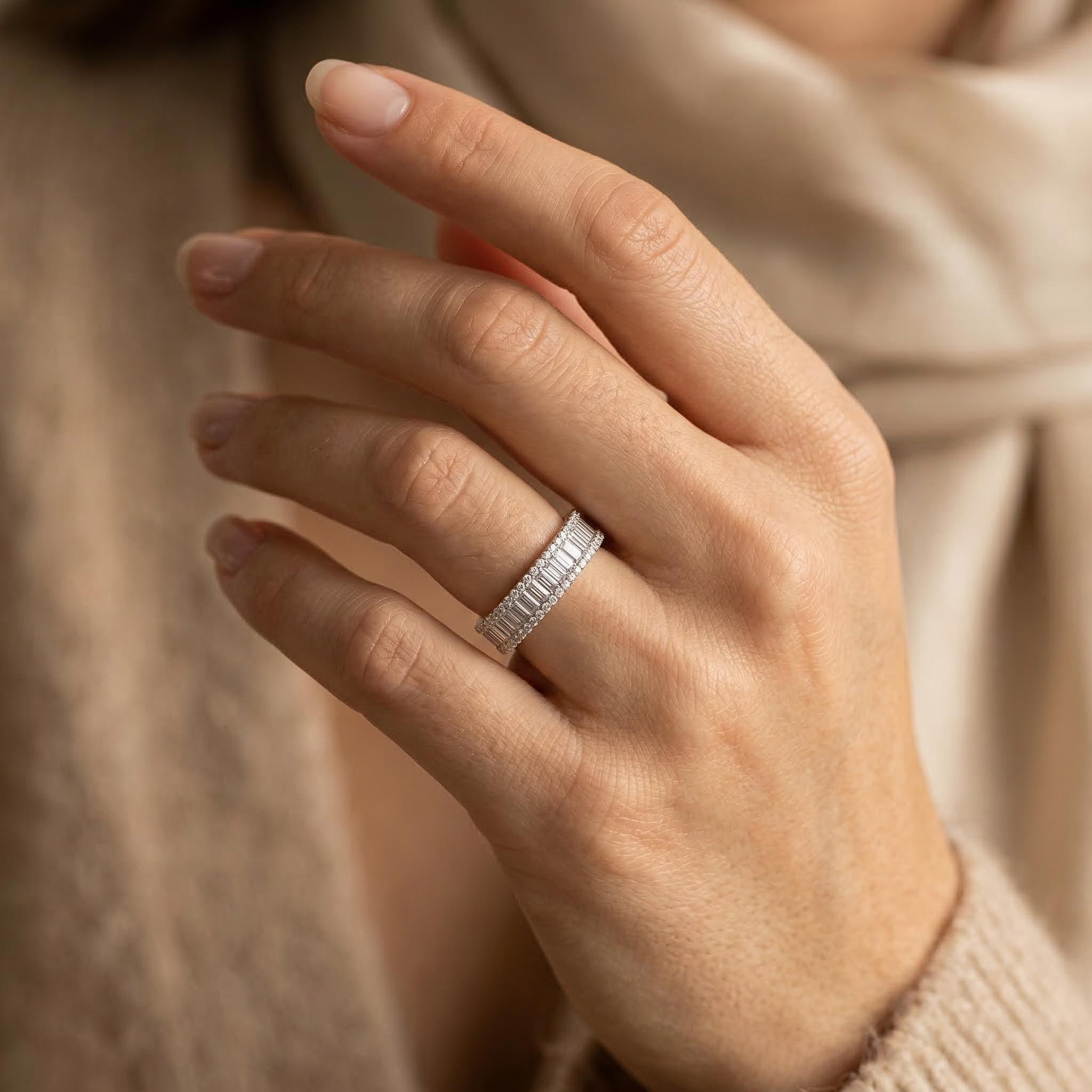 Stackable Two-Piece Baguette&Round Cut VVS Moissanite S925 Silver Bridal Ring Set