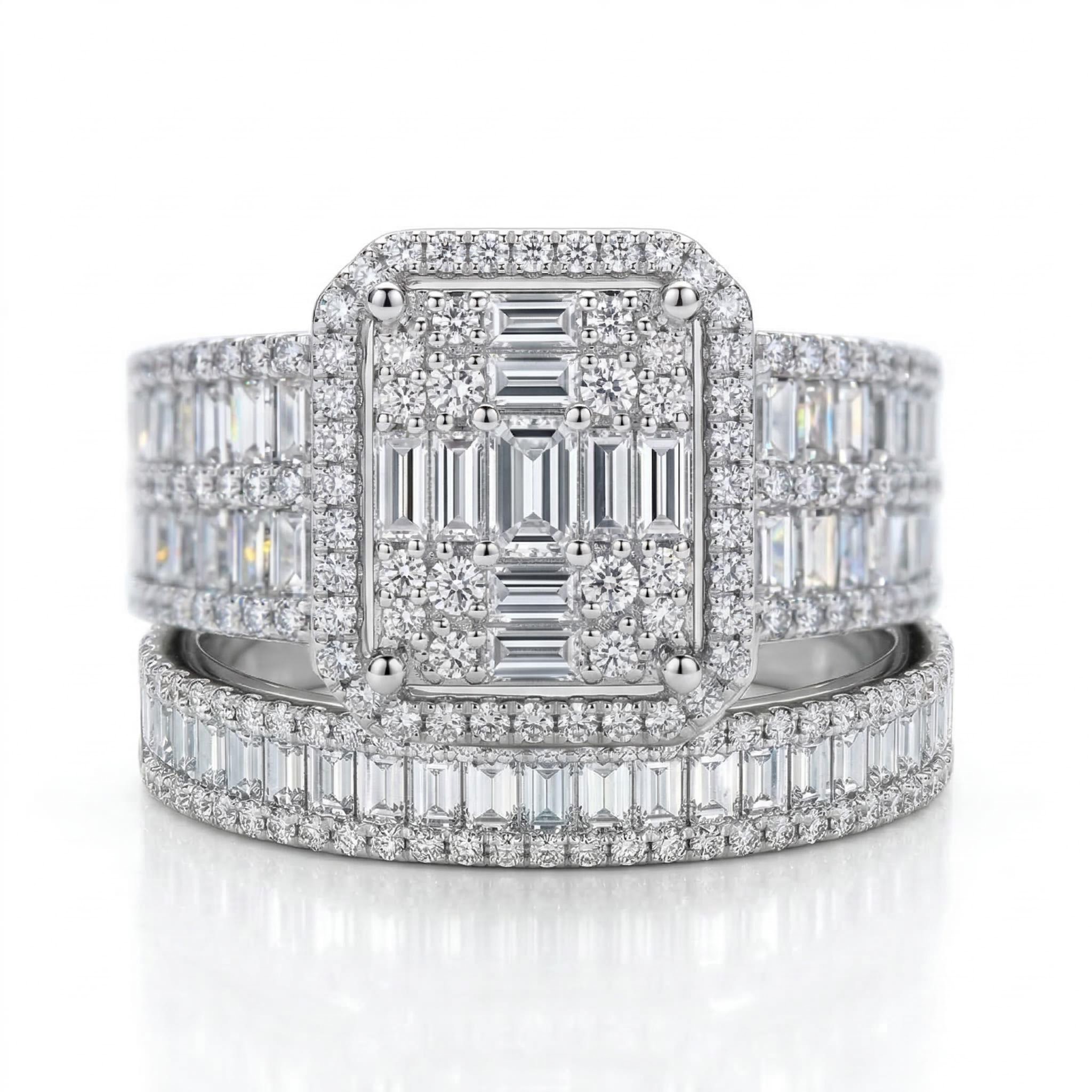 Stackable Two-Piece Baguette&Round Cut VVS Moissanite S925 Silver Bridal Ring Set