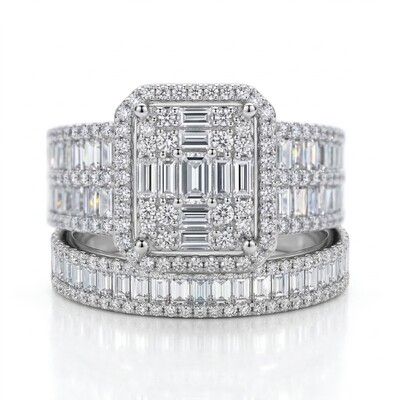 Stackable Two-Piece Baguette&Round Cut VVS Moissanite S925 Silver Bridal Ring Set