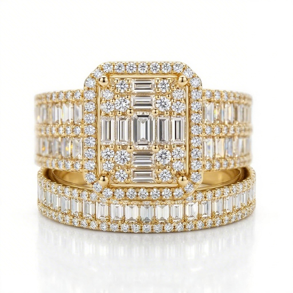 Stackable Two-Piece Baguette&Round Cut VVS Moissanite S925 Silver Bridal Ring Set