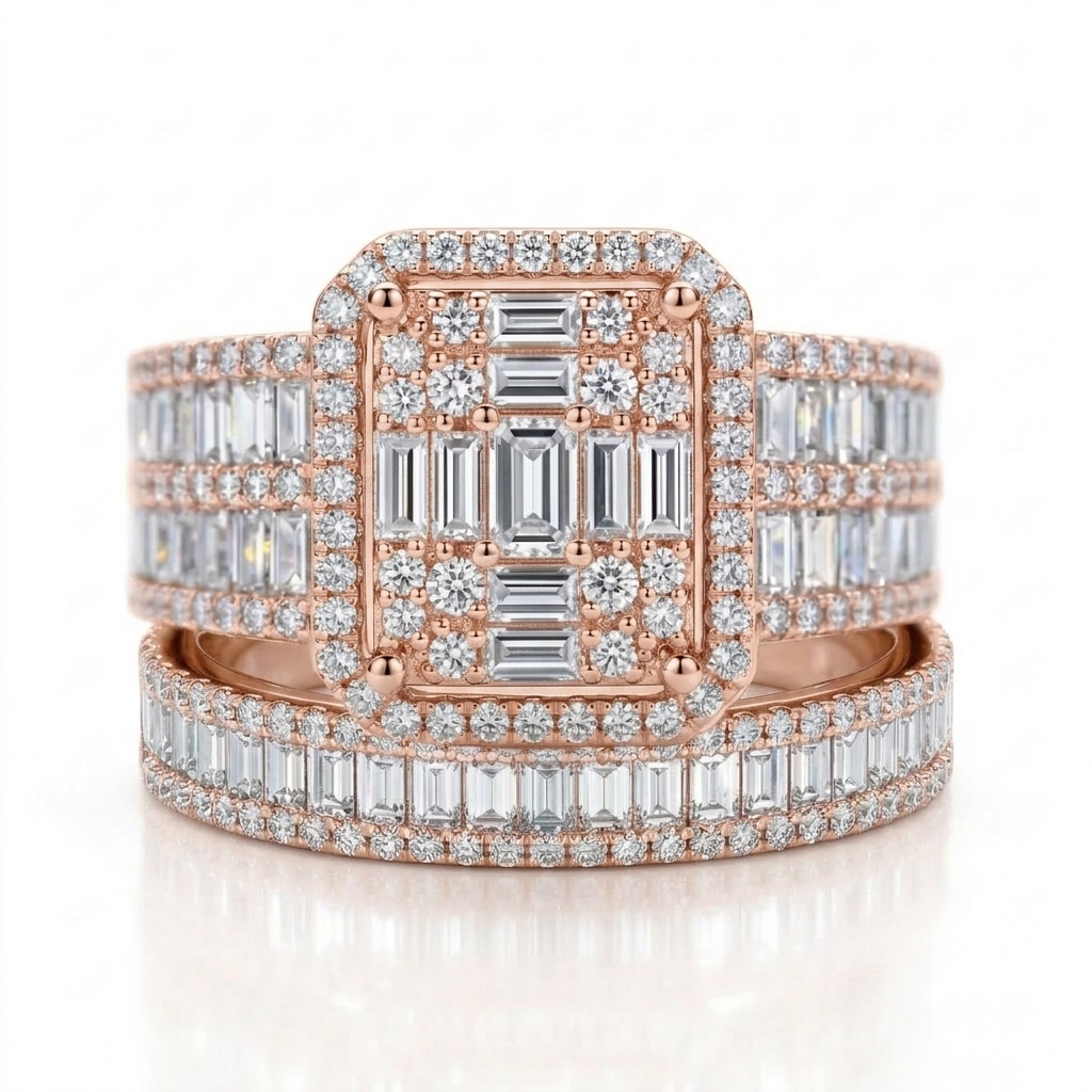 Stackable Two-Piece Baguette&Round Cut VVS Moissanite S925 Silver Bridal Ring Set